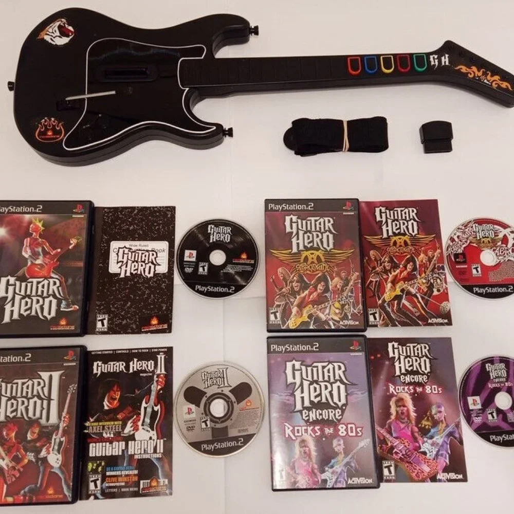PS2 Kramer Striker Guitar Hero Wireless Bundle Dongle 4 Games Playstation 2 - Picture 1 of 15